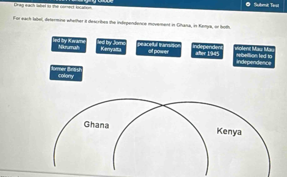 drag each label to the correct location. for each label, determine whether it describes the independence movement in ghana, in kenya, or both. led by kwame nkrumah led by jomo kenyatta peaceful transition of power independent after 1945 violent mau mau rebellion led to independence former british colony