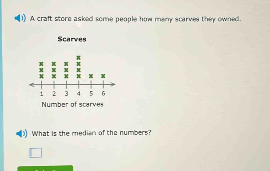 a craft store asked some people how many scarves they owned. scarves what is the median of the numbers?