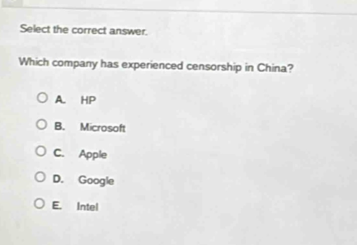 select the correct answer. which company has experienced censorship in china? a. hp b. microsoft c. apple d. google e. intel
