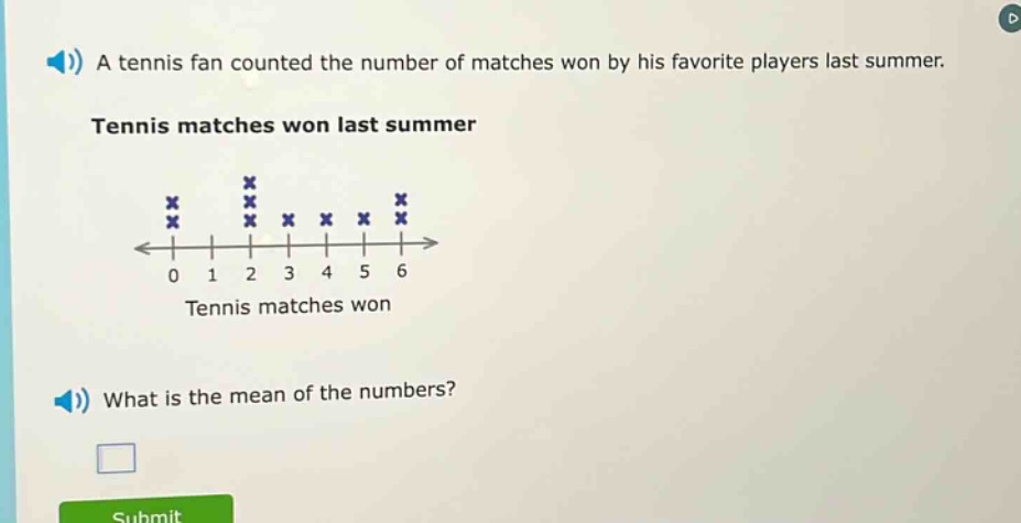 a tennis fan counted the number of matches won by his favorite players last summer. tennis matches won last summer what is the mean of the numbers?