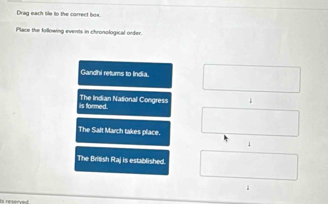 drag each tile to the correct box. place the following events in chronological order. gandhi returns to india. the indian national congress is formed. the salt march takes place. the british raj is established.