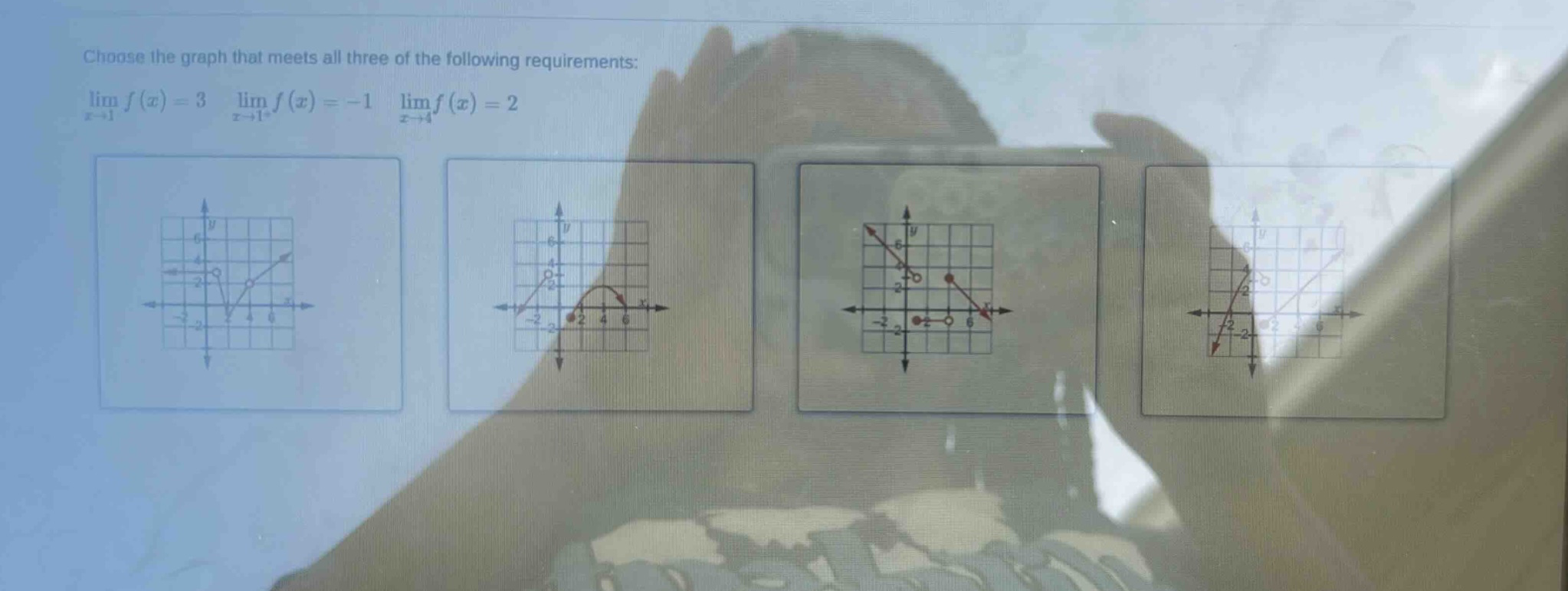 choose the graph that meets all three of the following requirements: lim f(x) = 3 lim f(x) = -1 lim f(x) = 2