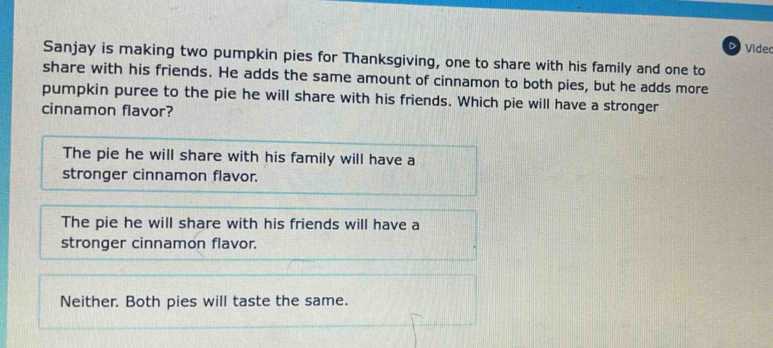 sanjay is making two pumpkin pies for thanksgiving, one to share with his family and one to share with his friends. he adds the same amount of cinnamon to both pies, but he adds more pumpkin puree to the pie he will share with his friends. which pie will have a stronger cinnamon flavor? the pie he will share with his family will have a stronger cinnamon flavor. the pie he will share with his friends will have a stronger cinnamon flavor. neither. both pies will taste the same.