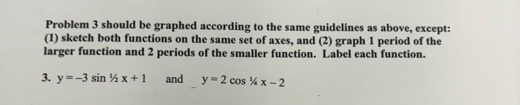 problem 3 should be graphed according to the same guidelines as above, except: (1) sketch both functions on the same set of axes, and (2) graph 1 period of the larger function and 2 periods of the smaller function. label each function. 3. y=-3 sin 1/2 x + 1 and y = 2 cos 1/4 x - 2