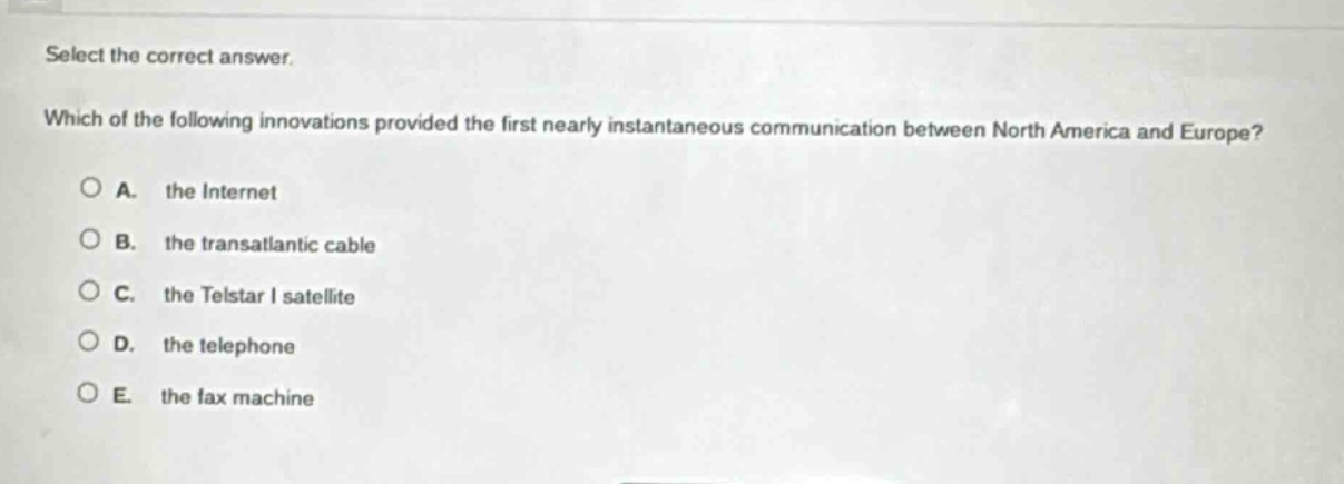 select the correct answer. which of the following innovations provided the first nearly instantaneous communication between north america and europe? a. the internet b. the transatlantic cable c. the telstar i satellite d. the telephone e. the fax machine