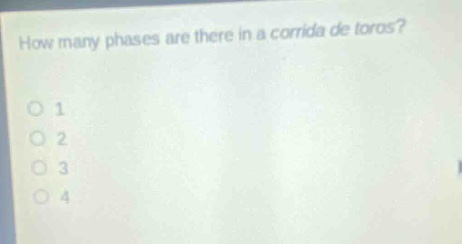 how many phases are there in a corrida de toros?\no 1\no 2\no 3\no 4
