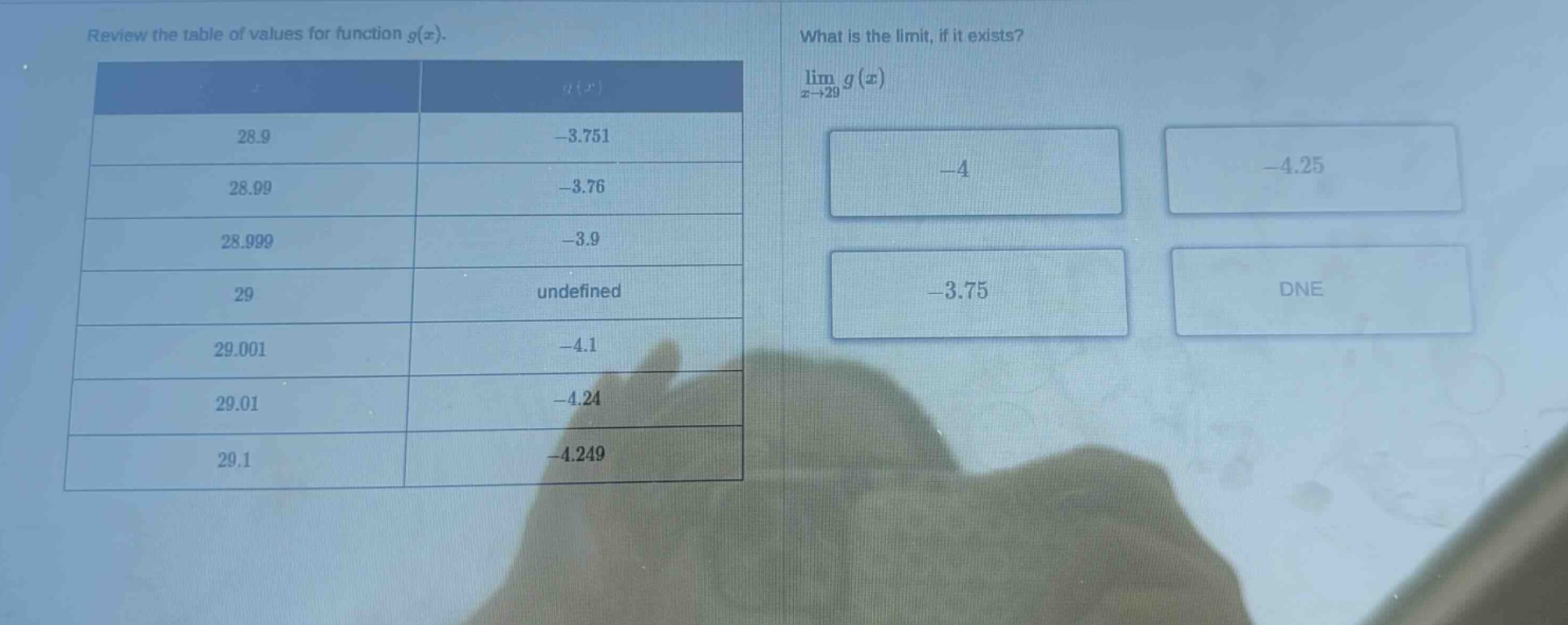 review the table of values for function g(x). what is the limit, if it exists? lim x→29 g(x) 28.9 -3.751 28.99 -3.76 28.999 -3.9 29 undefined 29.001 -4.1 29.01 -4.24 29.1 -4.249 -4 -4.25 -3.75 dne