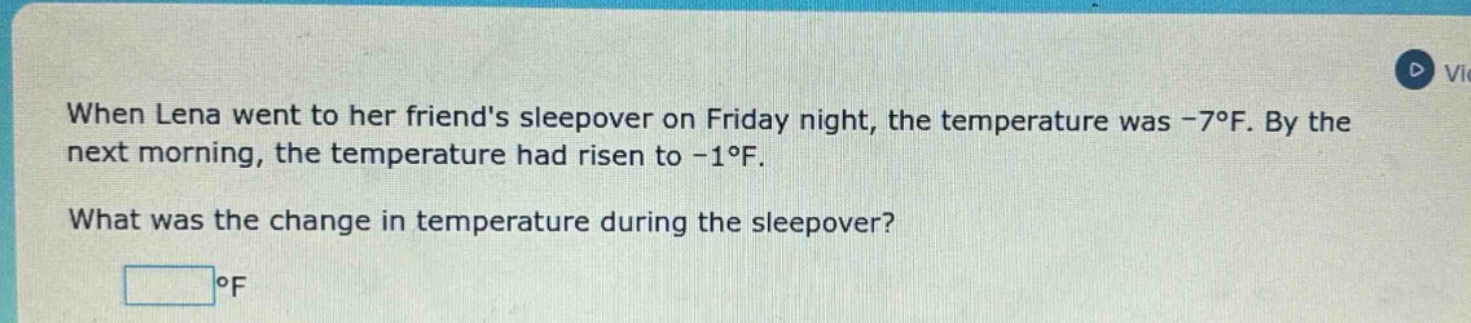 when lena went to her friends sleepover on friday night, the temperature was -7°f. by the next morning, the temperature had risen to -1°f. what was the change in temperature during the sleepover? °f