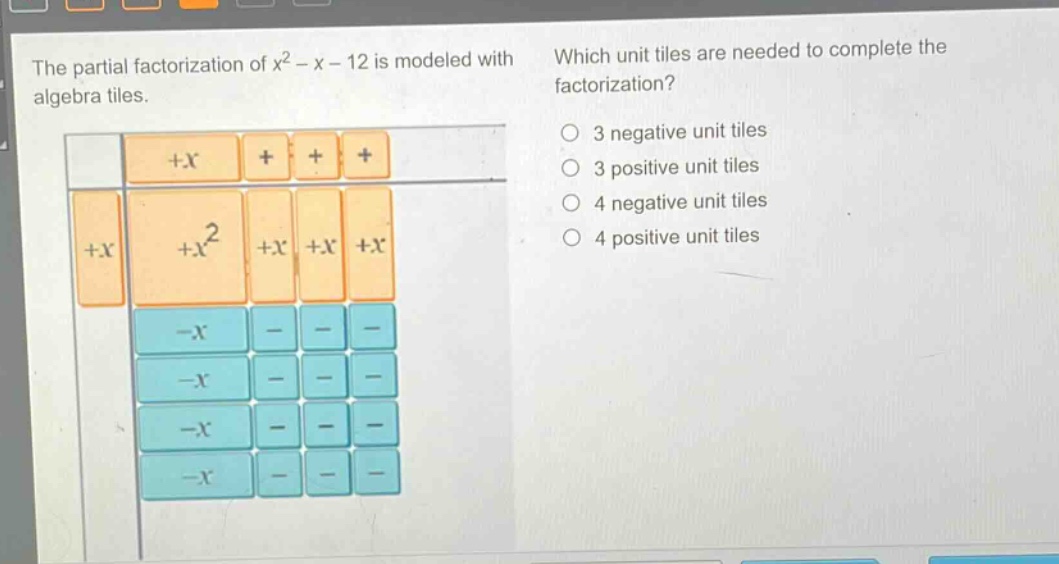 the partial factorization of x² - x - 12 is modeled with algebra tiles. which unit tiles are needed to complete the factorization? 3 negative unit tiles 3 positive unit tiles 4 negative unit tiles 4 positive unit tiles