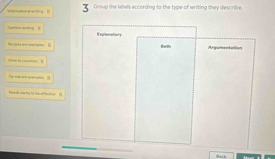 3 group the labels according to the type of writing they describe. informational writing opinion writing recipes are examples aims to convince op - eds are examples needs clarity to be effective explanatory both argumentation