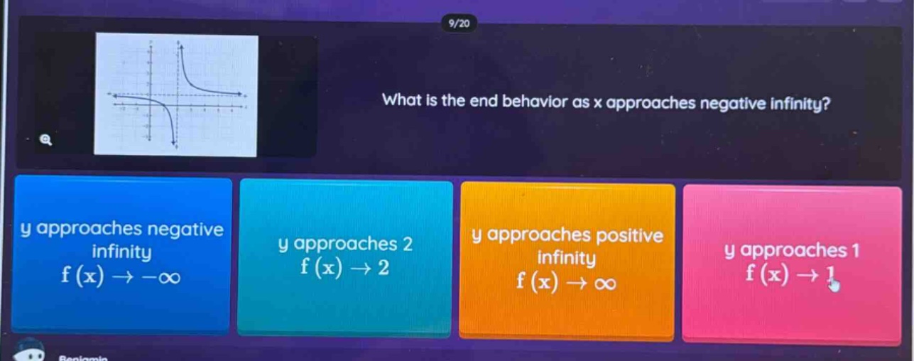 9/20 what is the end behavior as x approaches negative infinity? y approaches negative infinity f(x)→−∞ y approaches 2 f(x)→2 y approaches positive infinity f(x)→∞ y approaches 1 f(x)→1