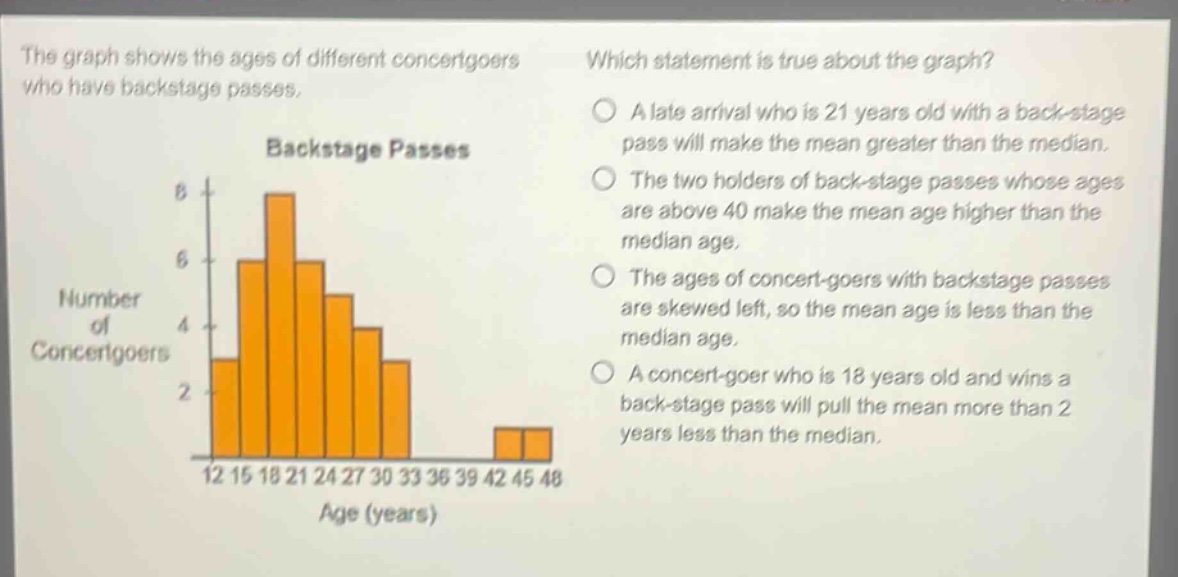 the graph shows the ages of different concert - goers who have backstage passes. which statement is true about the graph? a late arrival who is 21 years old with a back - stage pass will make the mean greater than the median. the two holders of back - stage passes whose ages are above 40 make the mean age higher than the median age. the ages of concert - goers with backstage passes are skewed left, so the mean age is less than the median age. a concert - goer who is 18 years old and wins a back - stage pass will pull the mean more than 2 years less than the median. backstage passes 12 15 18 21 24 27 30 33 36 39 42 45 48 age (years) 8 6 4 2 number of concertgoers