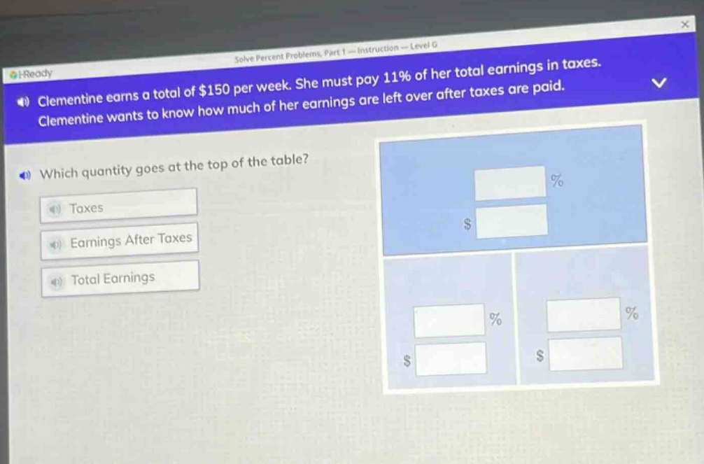 clementine earns a total of $150 per week. she must pay 11% of her total earnings in taxes. clementine wants to know how much of her earnings are left over after taxes are paid. which quantity goes at the top of the table? taxes earnings after taxes total earnings