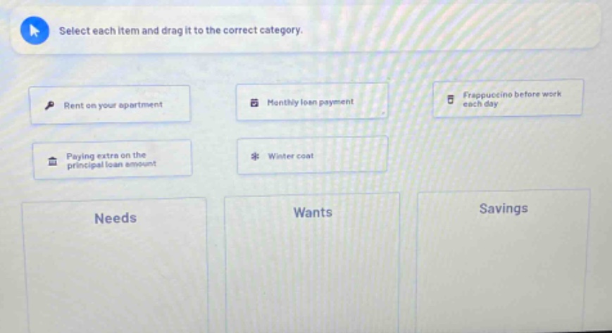 select each item and drag it to the correct category. rent on your apartment monthly loan payment frappuccino before work each day paying extra on the principal loan amount winter coat needs wants savings