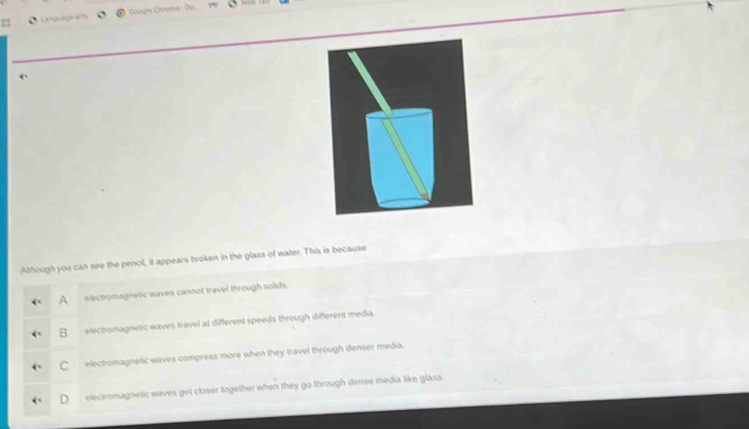 although you can see the pencil, it appears broken in the glass of water. this is because a electromagnetic waves cannot travel through solids. b electromagnetic waves travel at different speeds through different media. c electromagnetic waves compress more when they travel through denser media. d electromagnetic waves get closer together when they go through dense media like glass.