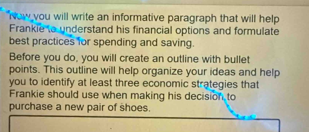 now you will write an informative paragraph that will help frankie to understand his financial options and formulate best practices for spending and saving. before you do, you will create an outline with bullet points. this outline will help organize your ideas and help you to identify at least three economic strategies that frankie should use when making his decision to purchase a new pair of shoes.