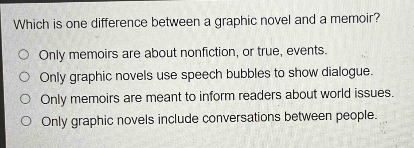 which is one difference between a graphic novel and a memoir? only memoirs are about nonfiction, or true, events. only graphic novels use speech bubbles to show dialogue. only memoirs are meant to inform readers about world issues. only graphic novels include conversations between people.