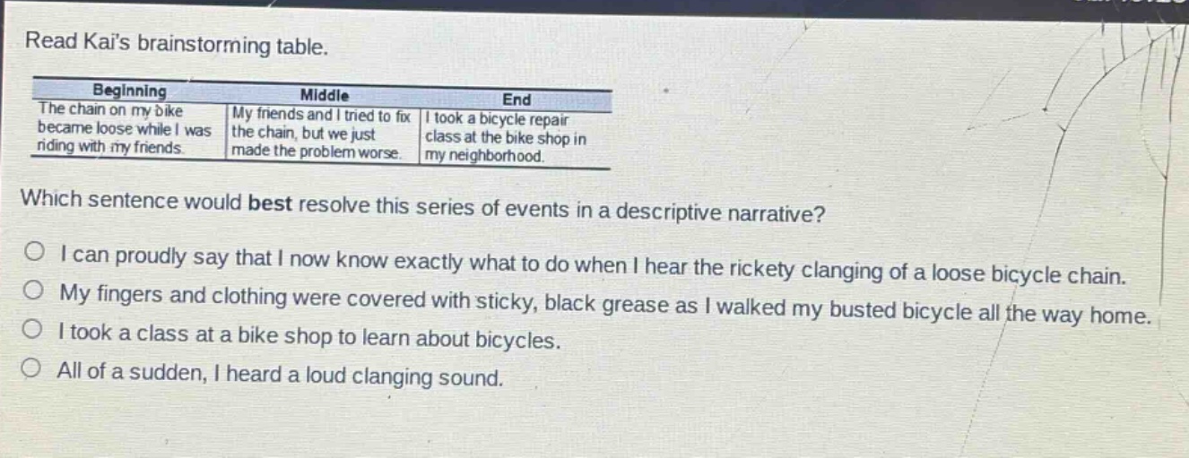 read kais brainstorming table. beginning middle end the chain on my bike became loose while i was riding with my friends. my friends and i tried to fix the chain, but we just made the problem worse. i took a bicycle repair class at the bike shop in my neighborhood. which sentence would best resolve this series of events in a descriptive narrative? i can proudly say that i now know exactly what to do when i hear the rickety clanging of a loose bicycle chain. my fingers and clothing were covered with sticky, black grease as i walked my busted bicycle all the way home. i took a class at a bike shop to learn about bicycles. all of a sudden, i heard a loud clanging sound.