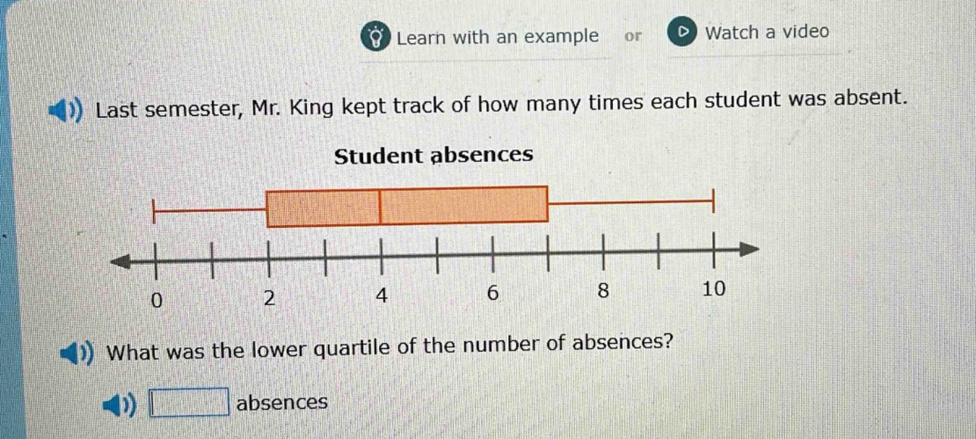 last semester, mr. king kept track of how many times each student was absent. student absences what was the lower quartile of the number of absences? absences