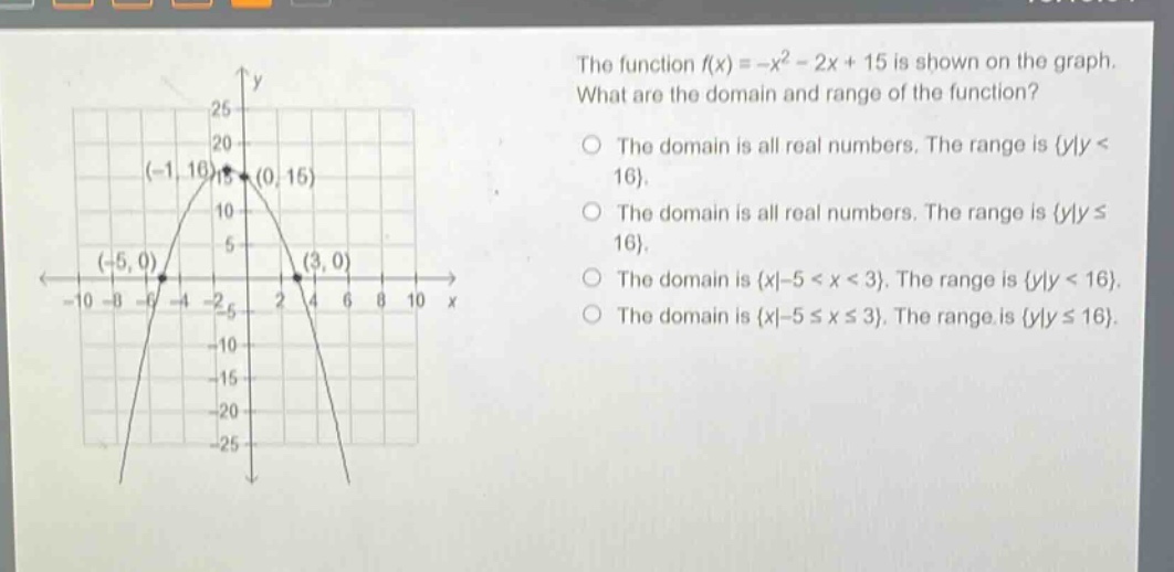 the function f(x)=-x² - 2x + 15 is shown on the graph. what are the domain and range of the function? the domain is all real numbers. the range is {y|y < 16}. the domain is all real numbers. the range is {y|y ≤ 16}. the domain is {x|-5 < x < 3}. the range is {y|y < 16}. the domain is {x|-5 ≤ x ≤ 3}. the range is {y|y ≤ 16}.