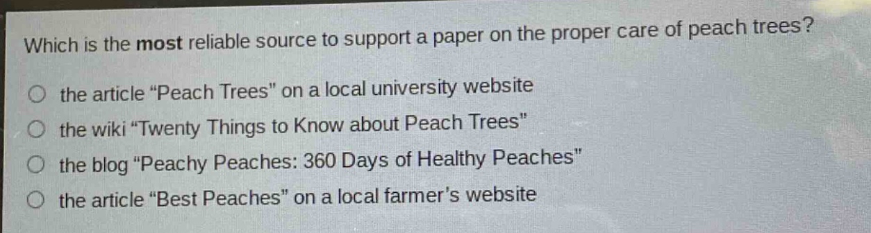 which is the most reliable source to support a paper on the proper care of peach trees? the article \peach trees\ on a local university website the wiki \twenty things to know about peach trees\ the blog \peachy peaches: 360 days of healthy peaches\ the article \best peaches\ on a local farmers website