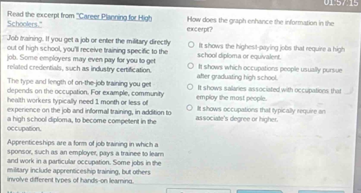 read the excerpt from \career planning for high schoolers.\ job training. if you get a job or enter the military directly out of high school, youll receive training specific to the job. some employers may even pay for you to get related credentials, such as industry certification. the type and length of on - the - job training you get depends on the occupation. for example, community health workers typically need 1 month or less of experience on the job and informal training, in addition to a high school diploma, to become competent in the occupation. apprenticeships are a form of job training in which a sponsor, such as an employer, pays a trainee to learn and work in a particular occupation. some jobs in the military include apprenticeship training, but others involve different types of hands - on learning. how does the graph enhance the information in the excerpt? it shows the highest - paying jobs that require a high school diploma or equivalent. it shows which occupations people usually pursue after graduating high school. it shows salaries associated with occupations that employ the most people. it shows occupations that typically require an associates degree or higher.