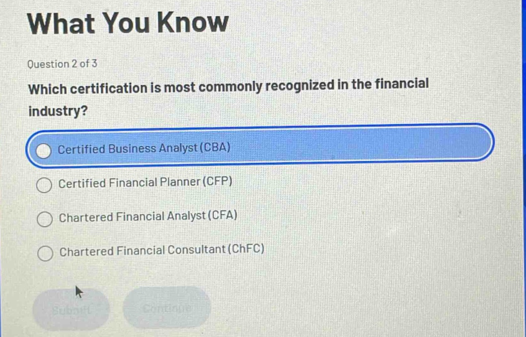 question 2 of 3 which certification is most commonly recognized in the financial industry? certified business analyst (cba) certified financial planner (cfp) chartered financial analyst (cfa) chartered financial consultant (chfc)