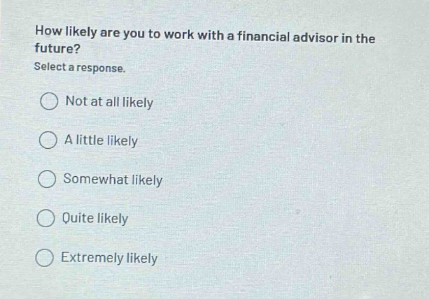 how likely are you to work with a financial advisor in the future? select a response. not at all likely a little likely somewhat likely quite likely extremely likely