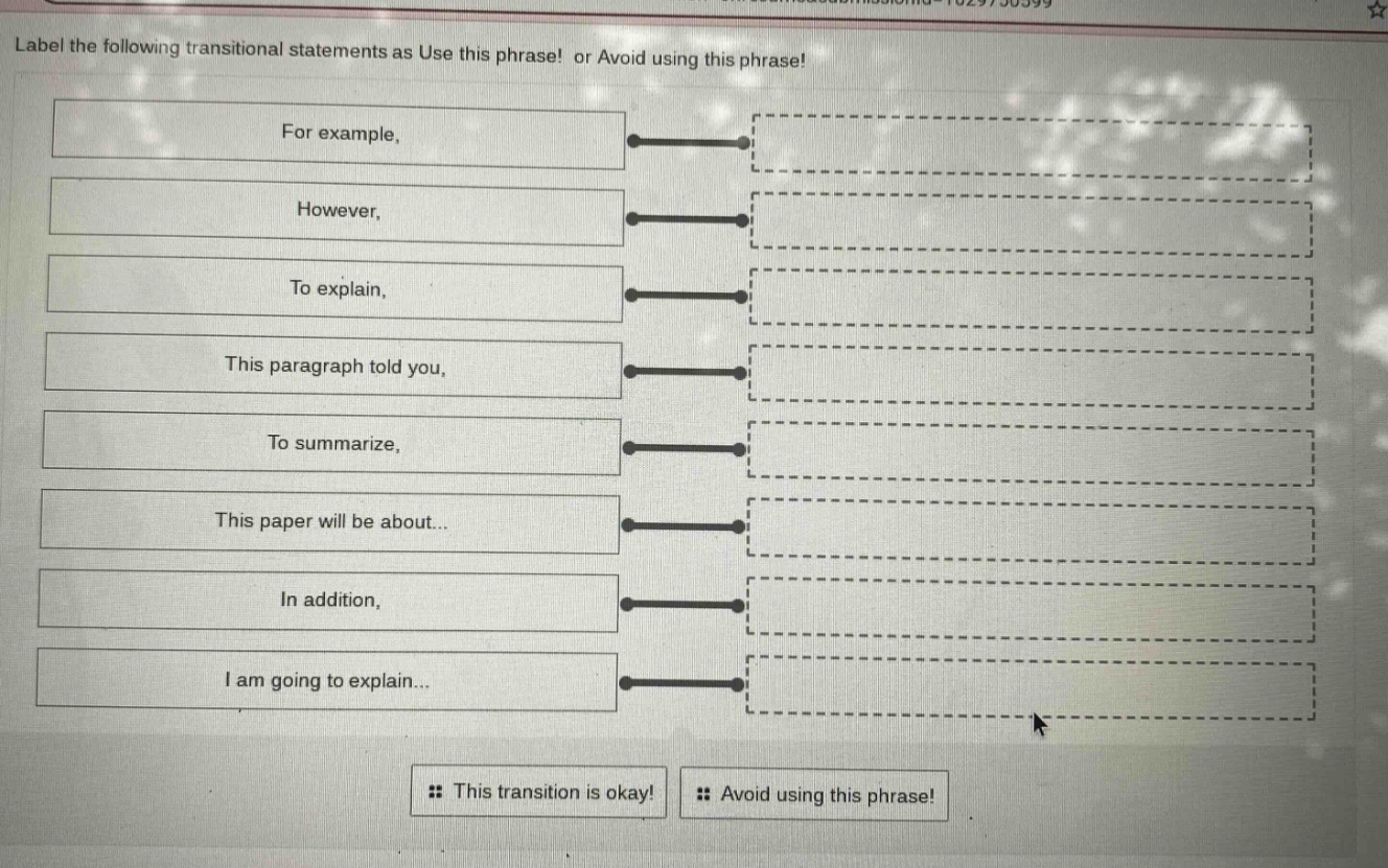 label the following transitional statements as use this phrase! or avoid using this phrase! for example, however, to explain, this paragraph told you, to summarize, this paper will be about... in addition, i am going to explain... this transition is okay! avoid using this phrase!
