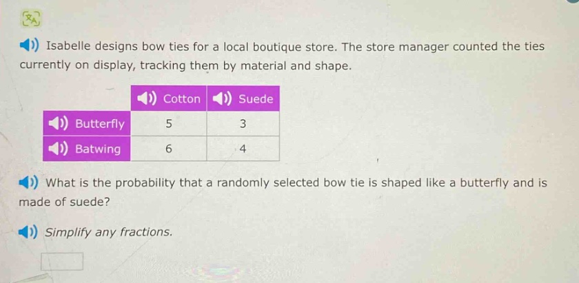 isabelle designs bow ties for a local boutique store. the store manager counted the ties currently on display, tracking them by material and shape. what is the probability that a randomly selected bow tie is shaped like a butterfly and is made of suede? simplify any fractions.