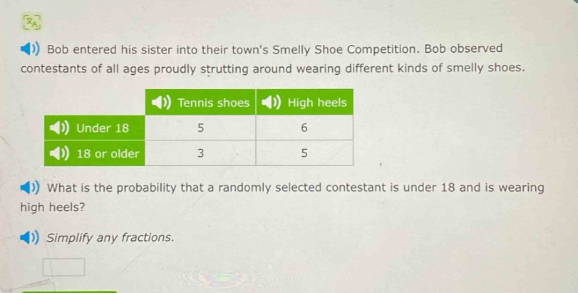 bob entered his sister into their towns smelly shoe competition. bob observed contestants of all ages proudly strutting around wearing different kinds of smelly shoes. what is the probability that a randomly selected contestant is under 18 and is wearing high heels? simplify any fractions.
