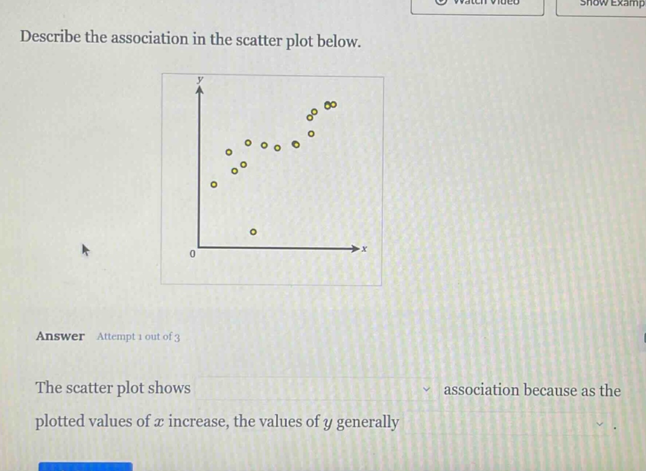 describe the association in the scatter plot below. answer attempt 1 out of 3 the scatter plot shows association because as the plotted values of x increase, the values of y generally