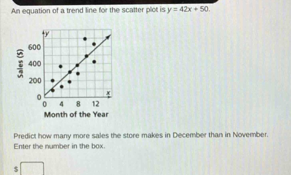 an equation of a trend line for the scatter plot is y = 42x + 50. predict how many more sales the store makes in december than in november. enter the number in the box.