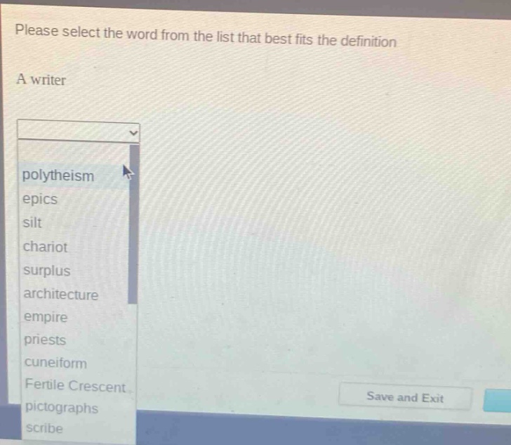 please select the word from the list that best fits the definition. a writer polytheism epics silt chariot surplus architecture empire priests cuneiform fertile crescent pictographs scribe