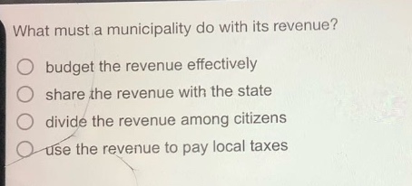 what must a municipality do with its revenue?\no budget the revenue effectively\no share the revenue with the state\no divide the revenue among citizens\no use the revenue to pay local taxes