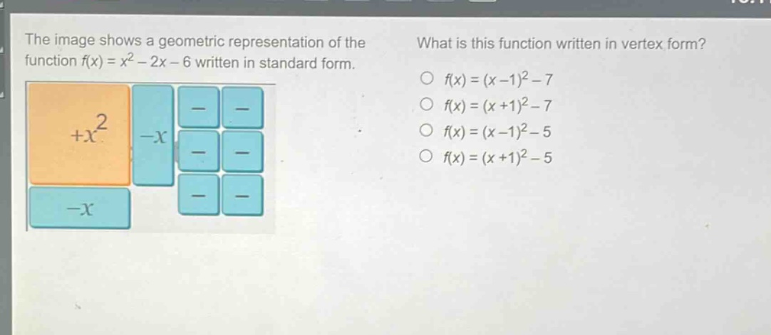 the image shows a geometric representation of the function f(x)=x² - 2x - 6 written in standard form. what is this function written in vertex form? f(x)=(x - 1)² - 7 f(x)=(x + 1)² - 7 f(x)=(x - 1)² - 5 f(x)=(x + 1)² - 5