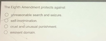 the eighth amendment protects against\nunreasonable search and seizure.\nself - incrimination.\ncruel and unusual punishment.\neminent domain.