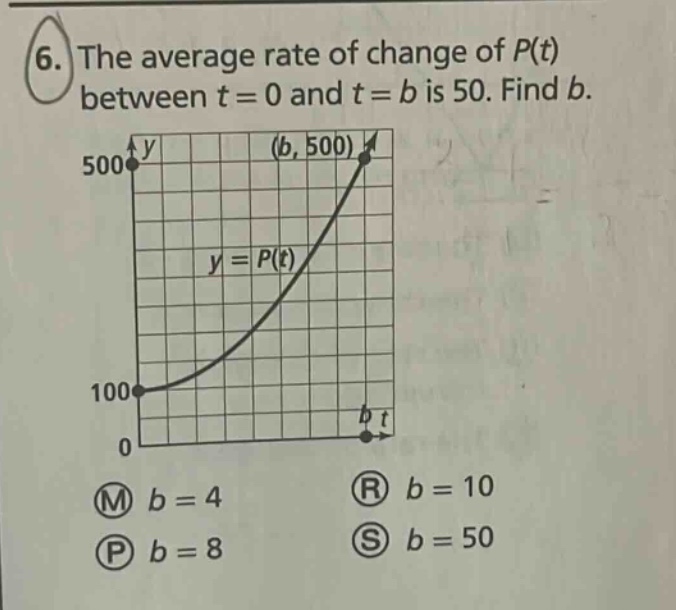 6. the average rate of change of p(t) between t = 0 and t = b is 50. find b. m b = 4 p b = 8 r b = 10 s b = 50