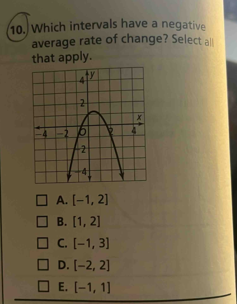 10. which intervals have a negative average rate of change? select all that apply. a. -1, 2 b. 1, 2 c. -1, 3 d. -2, 2 e. -1, 1