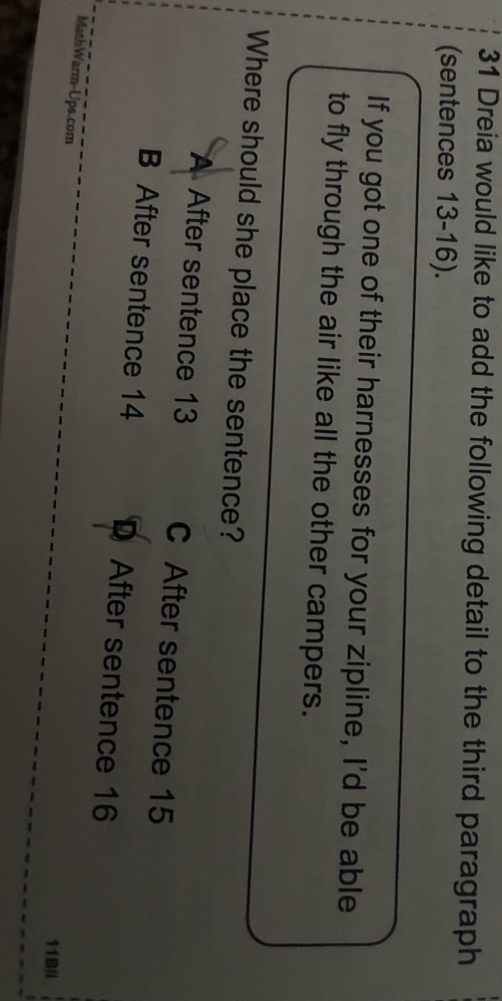 31 dreia would like to add the following detail to the third paragraph (sentences 13 - 16). if you got one of their harnesses for your zipline, id be able to fly through the air like all the other campers. where should she place the sentence? a after sentence 13 b after sentence 14 c after sentence 15 d after sentence 16