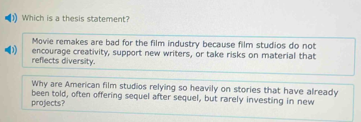 which is a thesis statement? movie remakes are bad for the film industry because film studios do not encourage creativity, support new writers, or take risks on material that reflects diversity. why are american film studios relying so heavily on stories that have already been told, often offering sequel after sequel, but rarely investing in new projects?
