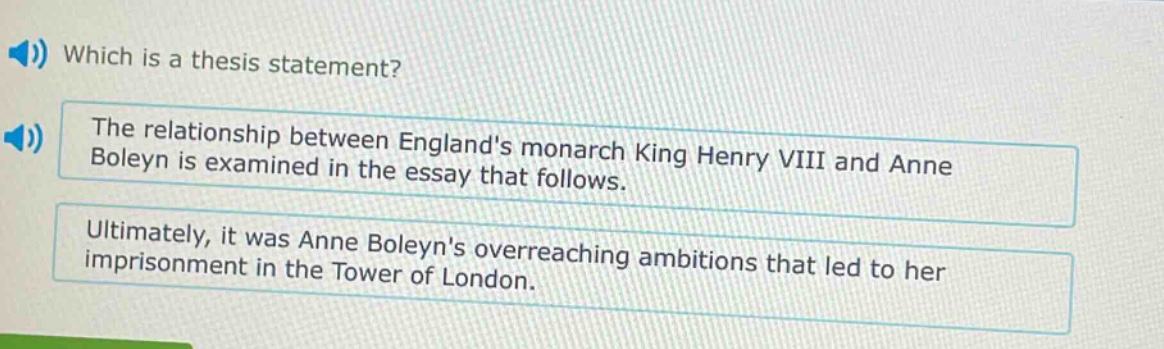 which is a thesis statement? the relationship between englands monarch king henry viii and anne boleyn is examined in the essay that follows. ultimately, it was anne boleyns overreaching ambitions that led to her imprisonment in the tower of london.