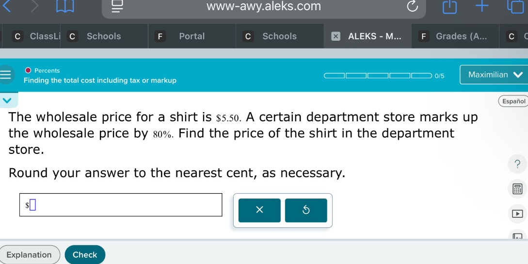 the wholesale price for a shirt is $5.50. a certain department store marks up the wholesale price by 80%. find the price of the shirt in the department store. round your answer to the nearest cent, as necessary.