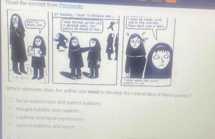 read the excerpt from persepolis. which elements does the author use most to develop the central idea of these panels? facial expressions and speech balloons thought bubbles and captions captions and facial expressions speech balloons and layout