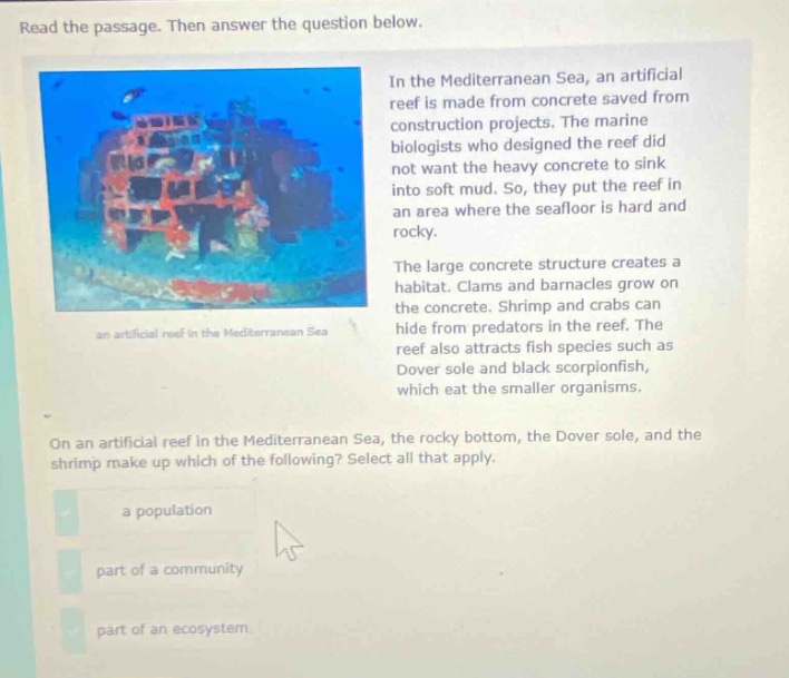 read the passage. then answer the question below. in the mediterranean sea, an artificial reef is made from concrete saved from construction projects. the marine biologists who designed the reef did not want the heavy concrete to sink into soft mud. so, they put the reef in an area where the seafloor is hard and rocky. the large concrete structure creates a habitat. clams and barnacles grow on the concrete. shrimp and crabs can hide from predators in the reef. the reef also attracts fish species such as dover sole and black scorpionfish, which eat the smaller organisms. on an artificial reef in the mediterranean sea, the rocky bottom, the dover sole, and the shrimp make up which of the following? select all that apply. a population part of a community part of an ecosystem