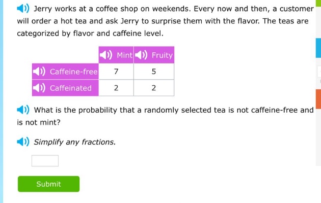 jerry works at a coffee shop on weekends. every now and then, a customer will order a hot tea and ask jerry to surprise them with the flavor. the teas are categorized by flavor and caffeine level. what is the probability that a randomly selected tea is not caffeine - free and is not mint? simplify any fractions.