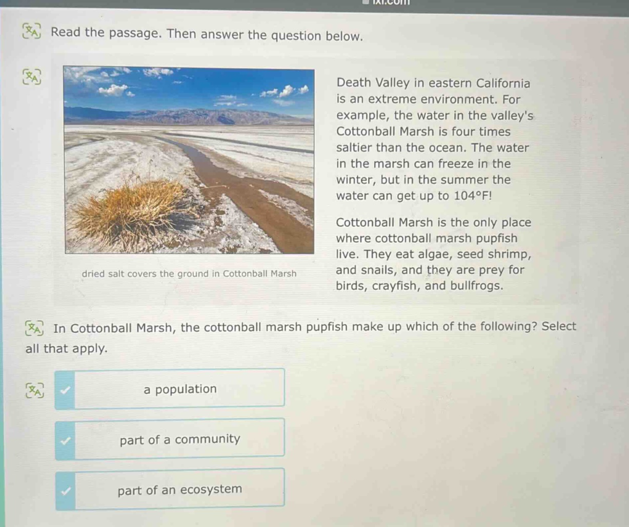 read the passage. then answer the question below. death valley in eastern california is an extreme environment. for example, the water in the valleys cottonball marsh is four times saltier than the ocean. the water in the marsh can freeze in the winter, but in the summer the water can get up to 104°f! cottonball marsh is the only place where cottonball marsh pupfish live. they eat algae, seed shrimp, and snails, and they are prey for birds, crayfish, and bullfrogs. in cottonball marsh, the cottonball marsh pupfish make up which of the following? select all that apply. a population part of a community part of an ecosystem