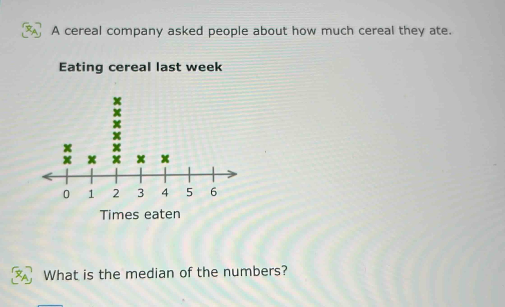 a cereal company asked people about how much cereal they ate. eating cereal last week what is the median of the numbers?