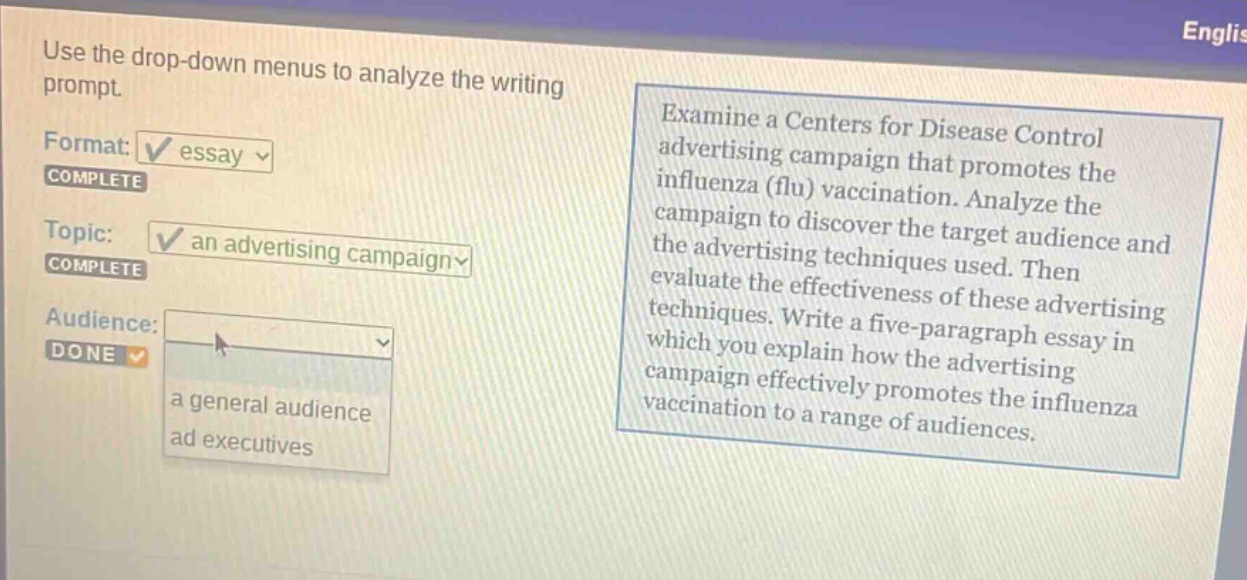 use the drop - down menus to analyze the writing prompt. format: essay complete topic: an advertising campaign complete audience: done a general audience ad executives examine a centers for disease control advertising campaign that promotes the influenza (flu) vaccination. analyze the campaign to discover the target audience and the advertising techniques used. then evaluate the effectiveness of these advertising techniques. write a five - paragraph essay in which you explain how the advertising campaign effectively promotes the influenza vaccination to a range of audiences.