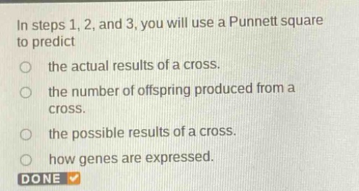 in steps 1, 2, and 3, you will use a punnett square to predict the actual results of a cross. the number of offspring produced from a cross. the possible results of a cross. how genes are expressed. done